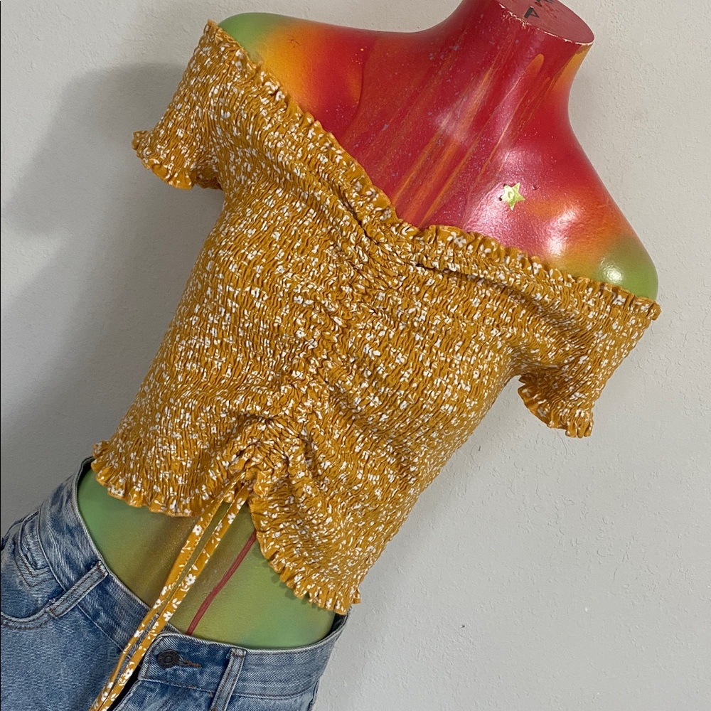 Yellow Ruched Tie-Front Smocked Floral Crop Top